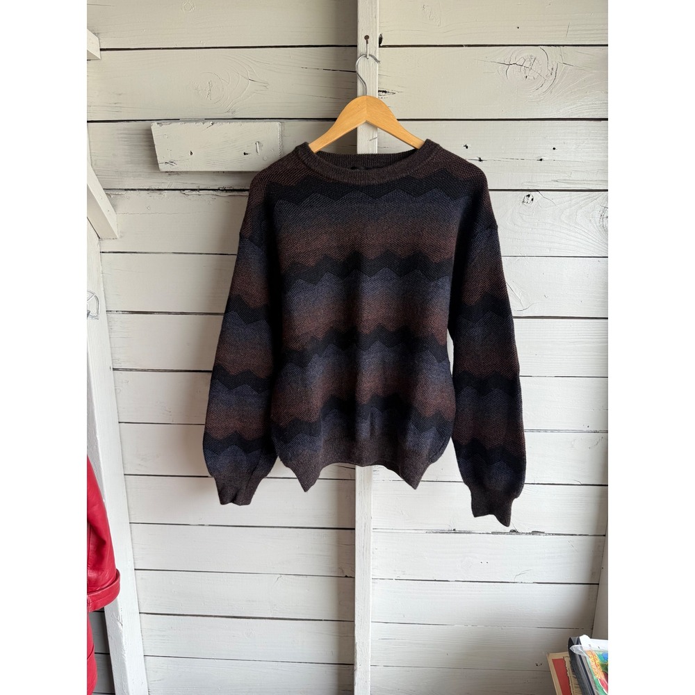 Baracuta Mens Merino Wool Zigzag Knit Sweater Brown Navy XL Made in Uruguay